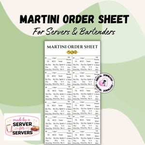 Puede incluir: Una hoja de pedido de martinis imprimible para camareros y camareras. La hoja tiene un fondo verde con un gráfico de martini en la parte superior. La hoja incluye secciones para licor, twist, shake, dry y otras especificaciones.