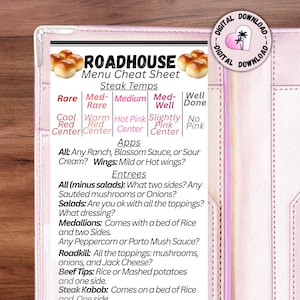 Roadhouse Menu Cheat Sheet, Steak Temps & Menu Questions, Menu Guide training for new Servers (Digital Download)