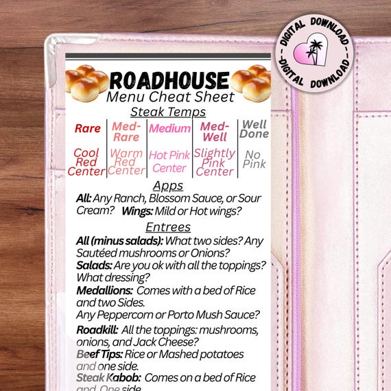 Roadhouse Menu Cheat Sheet, Steak Temps & Menu Questions, Menu Guide training for new Servers (Digital Download)