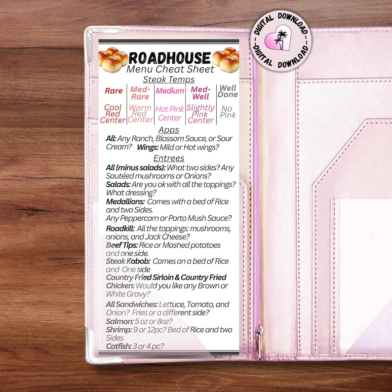 May include: A pink leatherette menu holder with a printed menu cheat sheet. The menu lists steak temperatures, appetizers, entrees, and sandwich options. The text "ROADHOUSE" is at the top. A digital download logo is in the upper right corner.
