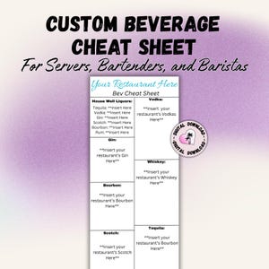 Custom Beverage Cheat Sheet for Servers, bartenders, and baristas, personalized restaurant training tool, cocktail guide, wine list, coffee