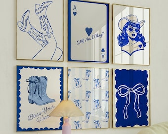 Blaues Cowgirl Wand-Kunst-Set | Western Drucke, Stiefel & Schleifen, Megan Moroney inspiriert (Digitaler Download)
