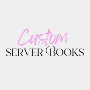 May include: The image displays the text "Custom SERVER BOOKS". The word "Custom" is in a light pink, cursive font, and "SERVER BOOKS" is in a black serif font. The background is a plain, light grey colour.