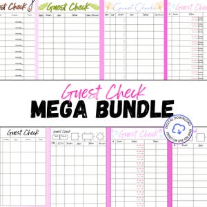 May include: A white and pink guest check mega bundle with multiple pages. The text "Guest Check" appears in various fonts and styles. The pages are designed for tracking orders with sections for drinks, entrees, and desserts.