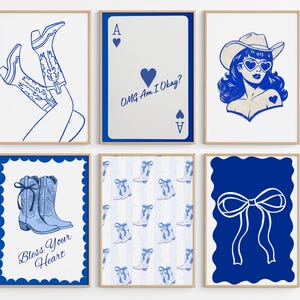 May include: Six framed art prints with a blue and white theme. The prints feature illustrations of cowboy boots, a playing card with text, a cowgirl with heart-shaped sunglasses, and a bow. The prints are in a variety of styles.