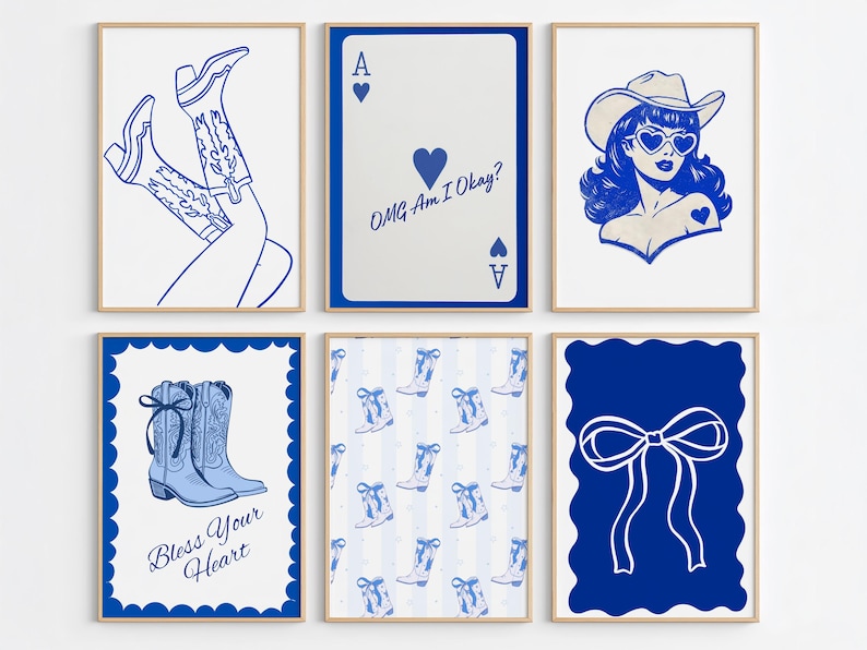 May include: Six framed art prints with a blue and white theme. The prints feature illustrations of cowboy boots, a playing card with text, a cowgirl with heart-shaped sunglasses, and a bow. The prints are in a variety of styles.