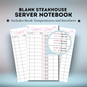 Può includere: Un taccuino per camerieri di steakhouse con pagine bianche, intestazione Guest Check, cuori rosa e blu e colonne per bevande e portate. Ogni riga include abbreviazioni per la cottura della carne e opzioni di guarnizione.