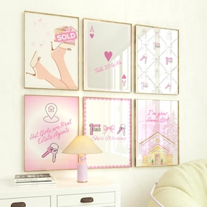 Conjunto de láminas decorativas rosas para la oficina de agentes inmobiliarios, decoración para oficinas de agentes, láminas para chicas que quieren quedarse en casa, regalo para agentes, decoración para el día del cierre de la operación, conjunto de pósteres modernos y divertidos para el sector inmobiliario.