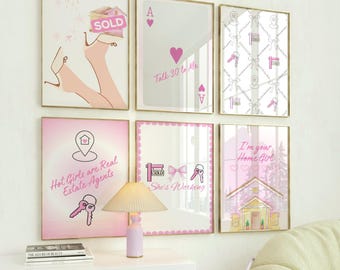 Pink Real Estate Wall Art Set, Realtor Office Decor, Home Girl Prints, Agent Gift, Closing Day Art, Modern Funny Real Estate Poster Set