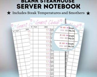 Steakhouse Server Guest Check Pad: Steak Temperatures & Smothers