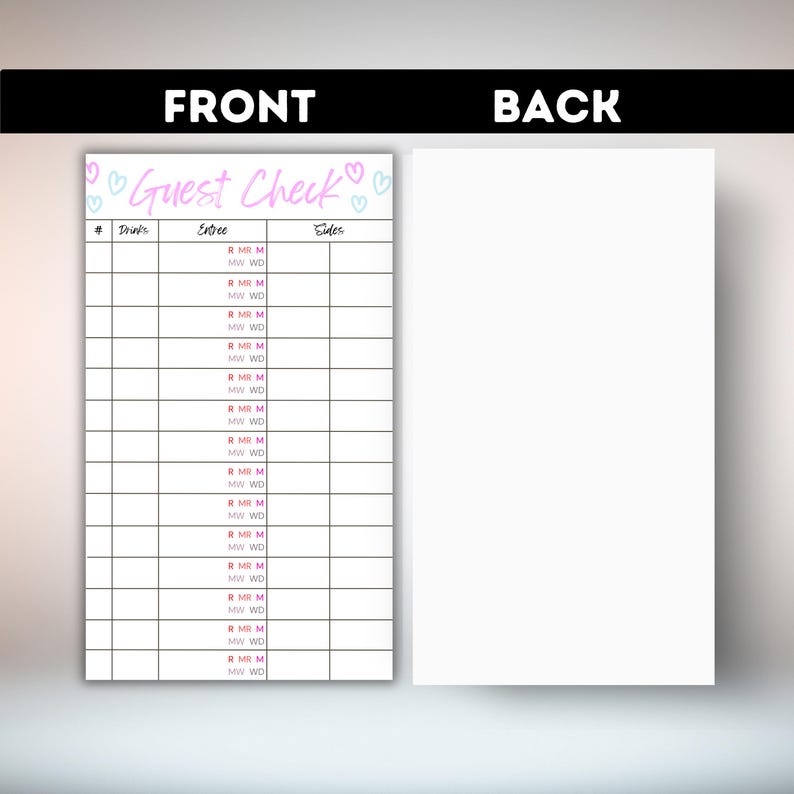 Steakhouse Server Guest Check Notepad With Steak Temperatures, Custom ...