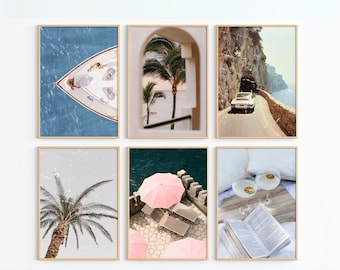 Blue and Pink Vintage Coastal Summer Prints, Modern Beachy Themed Gallery Wall Decor, Summer Beach Wall Art