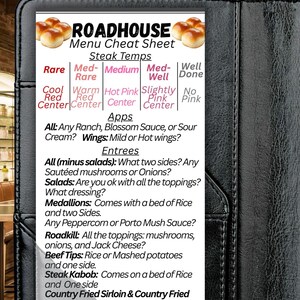 May include: A Roadhouse menu cheat sheet detailing steak temperatures and meal choices. The menu lists starters, salads, medallions, and main dishes such as Roadkill and Steak Kabob. The menu is presented on a black, leather-effect surface.