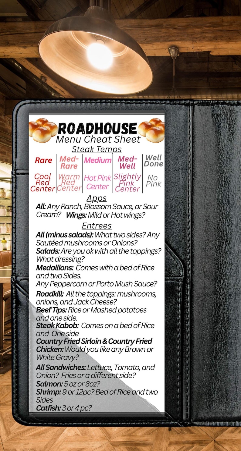 May include: A Roadhouse menu cheat sheet detailing steak temperatures and meal choices. The menu lists starters, salads, medallions, and main dishes such as Roadkill and Steak Kabob. The menu is presented on a black, leather-effect surface.