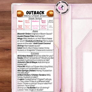 May include: A pink leather-like menu cover with the Outback Steakhouse logo and a menu cheat sheet. The cheat sheet lists steak temperatures, appetizers, and entrees, including options for sides and sauces. The top right corner has a digital download logo.
