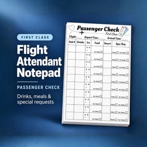 Puede incluir: Un bloc de notas rectangular blanco titulado Passenger Check First Class con un icono de avión negro y un corazón. La cuadrícula incluye columnas para Seat, Drinks, Ice, Food, Dessert y Spec Req con casillas para No Meal, Wake y No Wake.