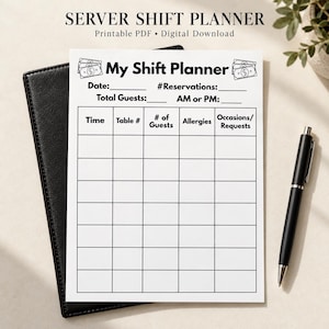 以下が含まれることがあります： 黒い文字と線で「My Shift Planner」と書かれた白い紙。ヘッダーには紙幣のアイコンがあります。日付、予約数、合計人数、AM/PMの記入欄に加え、時間、テーブル番号、人数、アレルギー、リクエストの列がある表が含まれています。