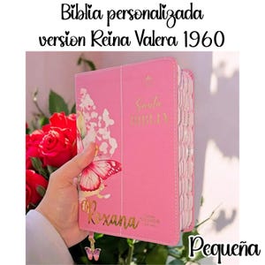 Deniashop Biblia Personalizada Pequeña Rosada de Mariposa Letra Grande de 12 Puntos Versión Reina Valera 1960