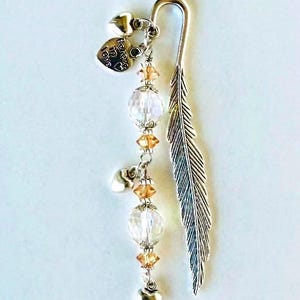 Feather Bookmark: Heart Charms, Aurora White Crystal Beads