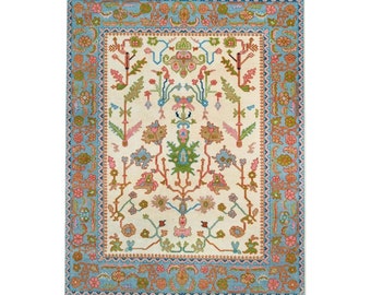 Ivory Turkish oushak  rug, hand knotted  oushak Rug, Modern 8x10 rug, 9x12 Living Room Rug, Ivory blue red green yellows pink color rug