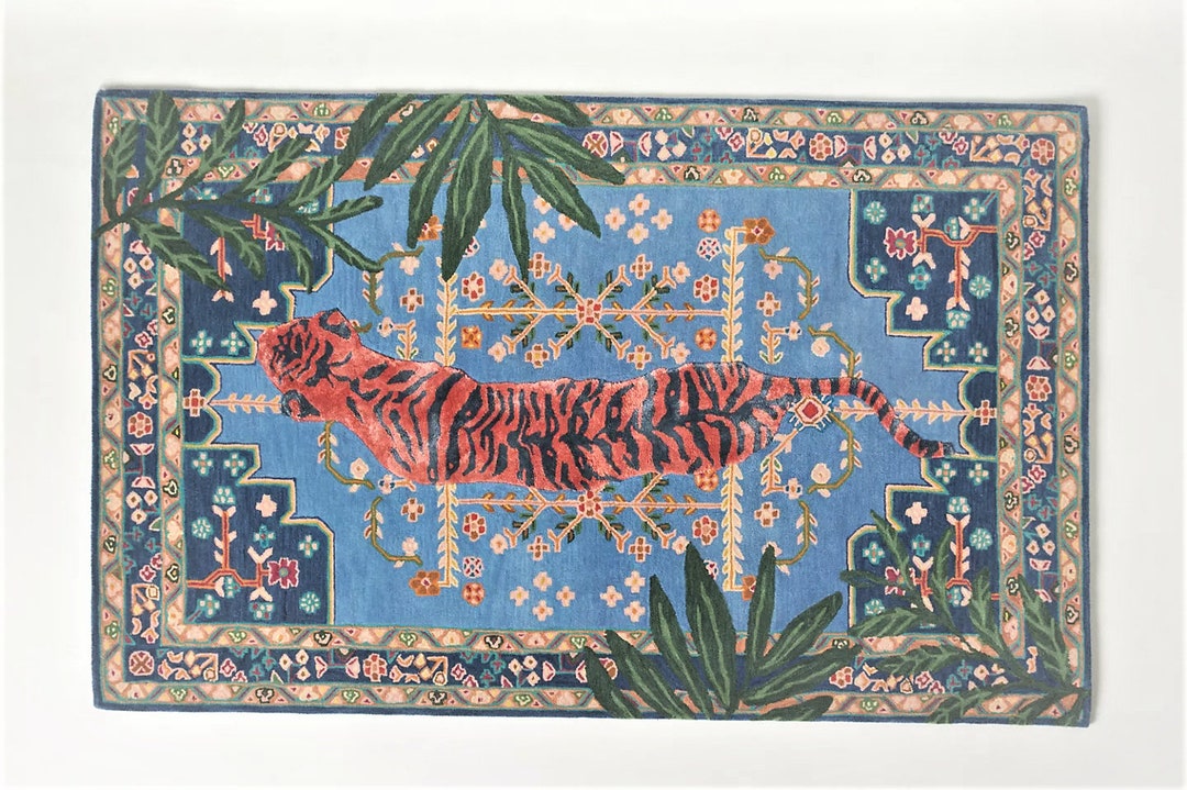 Red Bengal Tiger Wool Rug for Livingroom Bedroom, Hand Tufted Modern Colorful Wool Rug