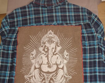 unique flannel shirt with embellishments | handcrafted in Asheville | upcycled fashion | ready to ship | one of a kind |