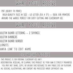 May include: A digital download description on a white background, with black text outlining the contents. It lists items such as bulletin board lettering and cliparts, and a copyright notice. The size is US Letter (21.6 x 27.9 cm).