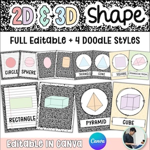 Puede incluir: Un conjunto de tarjetas educativas que muestran formas 2D y 3D, incluyendo círculo, esfera, óvalo, cilindro, triángulo, cono, cuadrado, prisma triangular, rectángulo, prisma rectangular, pirámide y cubo con el texto 2D & 3D Shape, Full Editable + 4 Doodle Styles.