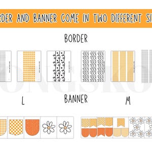 May include: Image displaying border and banner designs in two sizes. Borders feature grid, checkered, and striped patterns in orange and white. Banners include similar patterns and daisy designs. Text at the top reads "BORDER AND BANNER COME IN TWO DIFFERENT SIZES."