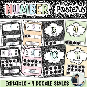 Number Posters Ten Frames | Composition Notebook Decor | Printable Editable Math Wall Display