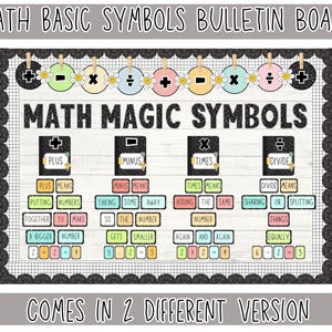 Puede incluir: Un tablón de anuncios con el tema de matemáticas que muestra "MATH BASIC SYMBOLS BULLETIN BOARD" y "MATH MAGIC SYMBOLS." Presenta símbolos matemáticos como más, menos, por y dividir, con explicaciones. El tablero incluye bloques coloridos con ecuaciones y la frase "COMES IN 2 DIFFERENT VERSION."