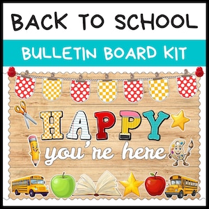 Kit para tablón de anuncios de regreso a clases / Letrero de bienvenida "Feliz estás aquí" / Decoración imprimible para el aula / Kit para tablón de anuncios / Primer día de clases