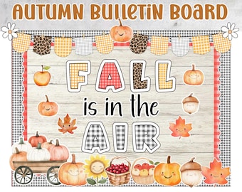 Puede incluir: Un tablón de anuncios con temática otoñal con las palabras "Autumn Bulletin Board" en la parte superior. El tablero presenta imágenes con temática otoñal, incluyendo calabazas, manzanas y hojas. La frase "Fall is in the Air" se muestra de forma destacada.