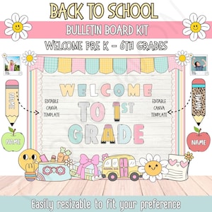 May include: A colorful back-to-school bulletin board kit with the text "WELCOME TO 1ST GRADE." The design includes daisies, pencils, apples, a school bus, and a lightbulb. The kit is designed for Pre-K through 6th grades and is easily resizable.