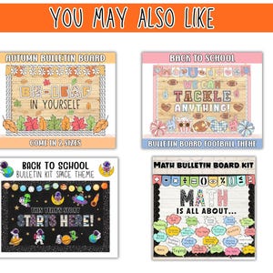 May include: Four bulletin board kits are displayed, each with a different theme. The top left board is autumn-themed, with the text "Be-Leaf in Yourself." The top right board is football-themed, with the text "We Can Tackle Anything!" The bottom left board is space-themed, and the bottom right board is math-themed.