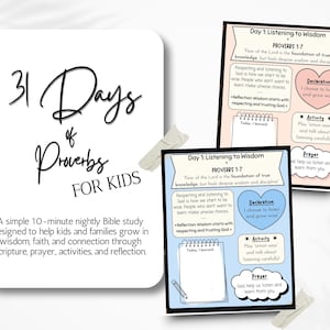 May include: A white card with the text "31 Days of Proverbs for Kids" and a description of a Bible study. Two smaller cards display "Day 1: Listening to Wisdom" with text, a heart, and a cloud.