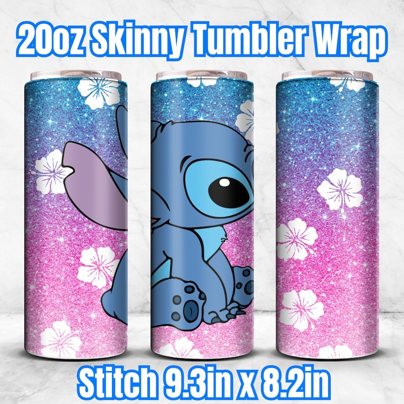 Stitch Blue and Pink Glitter Wrap for Skinny Tumbler 20oz (9.3inx8.2in) image 1