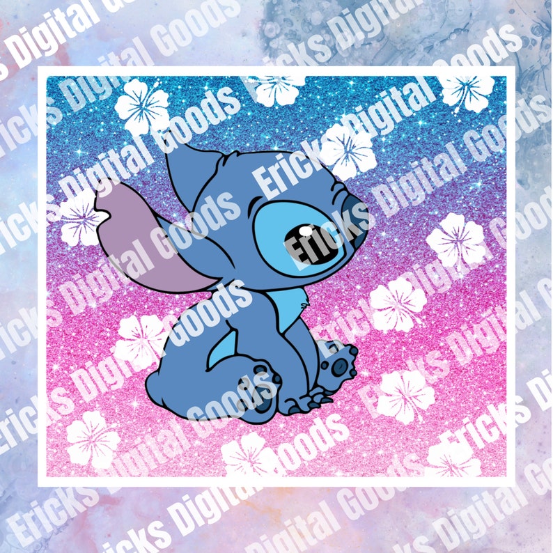 May include: A blue Stitch character from the Disney movie Lilo & Stitch sitting on a pink and blue glitter background with white flowers.