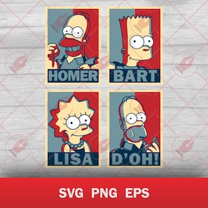 May include: Four red, white and blue posters featuring the Simpsons characters. Homer, Bart, Lisa, and a poster with the text "D'oh!" featuring Homer.