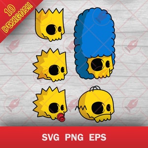 May include: A set of five cartoon skull illustrations featuring characters from The Simpsons. The characters are Homer, Marge, Bart, Lisa, and Maggie. Each character is depicted with a yellow skin tone and a skull-like head. The characters are all smiling and have black eyes.