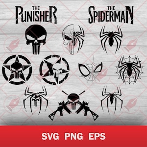 Paquete de símbolos de vigilantes y arañas en formato SVG, PNG y EPS / Paquete de logotipos de héroes de cómics