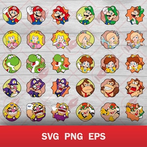 Pode incluir: Uma coleção de trinta ilustrações digitais de personagens apresentando Mario, Luigi, Princess Peach, Rosalina, Yoshi, Daisy, Waluigi, Donkey Kong, Wario e Bowser em molduras circulares ou em forma de estrela. O texto SVG PNG EPS está abaixo.