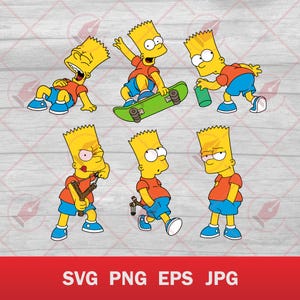 Può includere: Un set di otto illustrazioni digitali che mostrano Bart Simpson in varie pose. Bart indossa una camicia rossa, pantaloncini blu e capelli gialli. È mostrato mentre fa skateboard, tiene una fionda e fa diverse espressioni facciali.