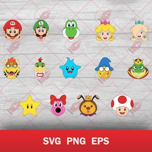 Puede incluir: Una colección de caras de personajes de dibujos animados coloridos, incluyendo a Mario, Luigi y Yoshi, sobre un fondo de vetas de madera clara. El texto "SVG PNG EPS" está en la parte inferior en blanco sobre una pancarta roja.
