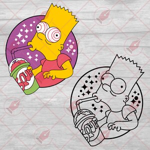 May include: Two cartoon images of a yellow-haired character drinking a pink slushie with a green cup and a straw. The text on the cup says "Slurpee". One image is in color and the other is in black and white.