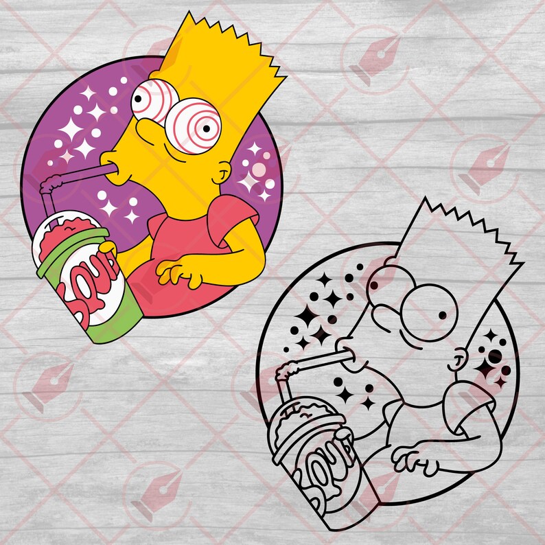 May include: Two cartoon images of a yellow-haired character drinking a pink slushie with a green cup and a straw. The text on the cup says "Slurpee". One image is in color and the other is in black and white.