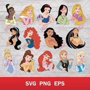 Könnte beinhalten: Eine Sammlung farbenfroher Cartoon-Illustrationen verschiedener Prinzessinnen. Jede Prinzessin ist von der Brust aufwärts dargestellt, mit einzigartigen Frisuren und Outfits. Das Bild enthält den Text "SVG PNG EPS" in einem roten Banner unten.