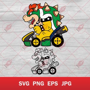 Puede incluir: Una ilustración de dibujos animados de Bowser, un personaje de la franquicia Super Mario, conduciendo un kart verde y negro. Bowser lleva una concha verde y un mohawk rojo. La imagen está en un estilo de dibujos animados y es adecuada para usar como pegatina, impresión o descarga digital.