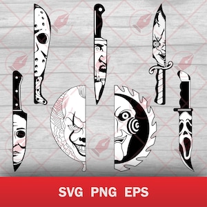 Op de afbeelding: Een digitale grafische set met zwart-witillustraties van vier messen en twee ronde karakterportretten. De messen tonen horror-thema maskers en gezichten op de bladen. De tekst SVG PNG EPS staat onderaan de afbeelding.