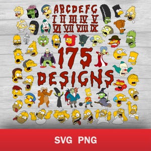 May include: A collection of 175 cartoon character designs in various poses and expressions. The image includes letters, Roman numerals, and the text "175 DESIGNS" in red. The bottom of the image displays "SVG PNG" in white.